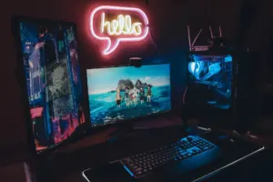 Streamer with a gaming setup and two monitors